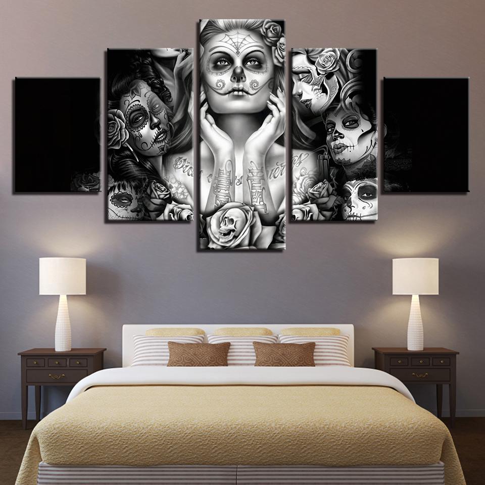 Day Of The Dead Face Sugar Skull - Abstract 5 Panel Canvas Art Wall Decor Day Of The Dead Face Sugar Skull - Abstract 5 Panel Canvas Art Wall Decor