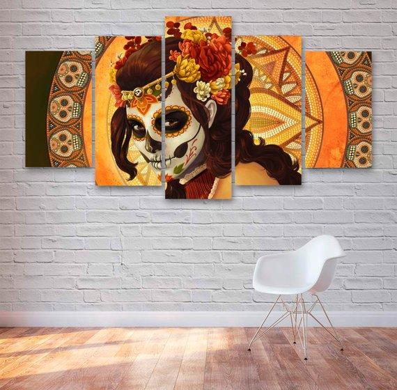 Day Of The Dead Woman - Abstract 5 Panel Canvas Art Wall Decor Day Of The Dead Woman - Abstract 5 Panel Canvas Art Wall Decor
