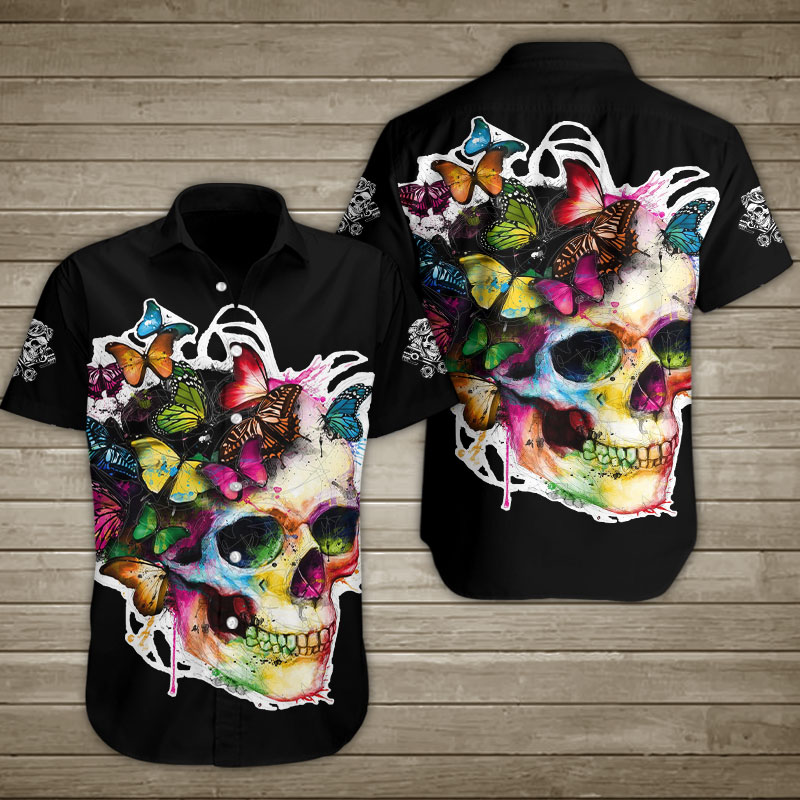 Dcolorful Butterflies Human Skull Hawaiian Shirt Summer Button Up Dcolorful Butterflies Human Skull Hawaiian Shirt Summer Button Up