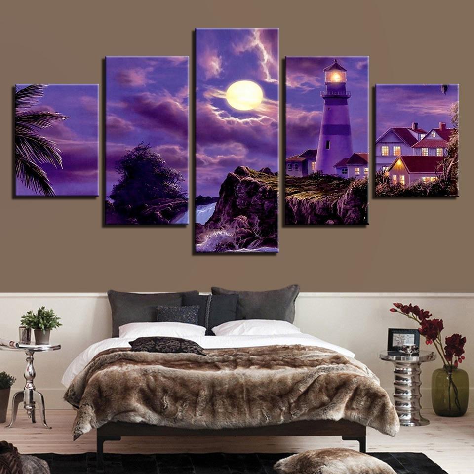 Decor Coastal Village House Lighthouse Moonlit Night - Nature 5 Panel Canvas Art Wall Decor Decor Coastal Village House Lighthouse Moonlit Night - Nature 5 Panel Canvas Art Wall Decor