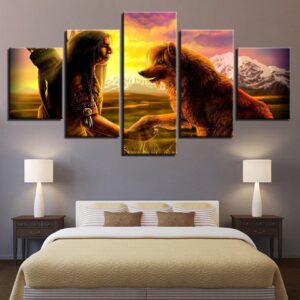 Decor Native American Indian With Animal Wolf - Cartoon 5 Panel Canvas Art Wall Decor