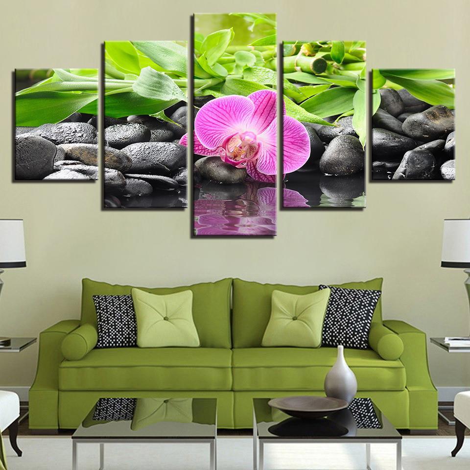 Decor Stones Bamboo Orchid Flowers - Nature 5 Panel Canvas Art Wall Decor Decor Stones Bamboo Orchid Flowers - Nature 5 Panel Canvas Art Wall Decor