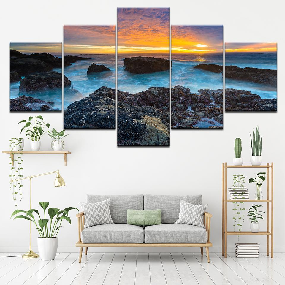 Decors Blue Sea Seaside Reef Sunset Seascape - Nature 5 Panel Canvas Art Wall Decor Decors Blue Sea Seaside Reef Sunset Seascape - Nature 5 Panel Canvas Art Wall Decor