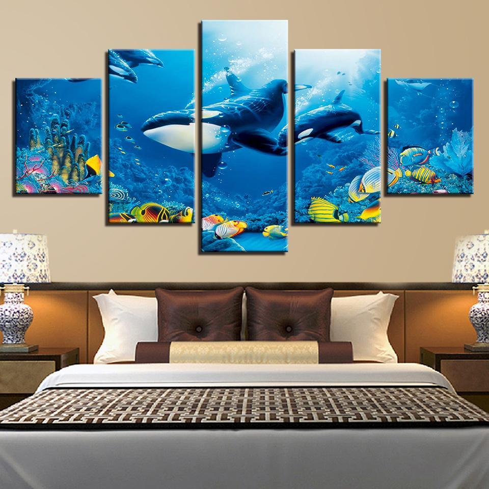 Deep Blue Ocean Whale Goldfish - Animal 5 Panel Canvas Art Wall Decor Deep Blue Ocean Whale Goldfish - Animal 5 Panel Canvas Art Wall Decor