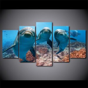 Deep Ocean Swimming Dolphin - Animal 5 Panel Canvas Art Wall Decor