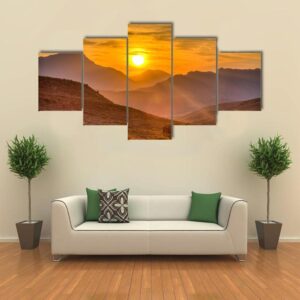 Deep Orange Sunset Behind The Mountains - Nature 5 Panel Canvas Art Wall Decor