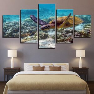 Deep Sea Turtles Swimming Seascape - Animal 5 Panel Canvas Art Wall Decor