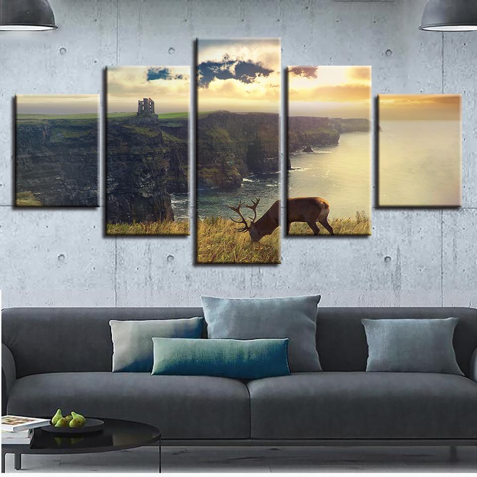 Deer And Mountain - Nature 5 Panel Canvas Art Wall Decor Deer And Mountain - Nature 5 Panel Canvas Art Wall Decor