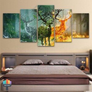 Deer Animal Elk Fire Fantasy Nature - Abstract Animal 5 Panel Canvas Art Wall Decor