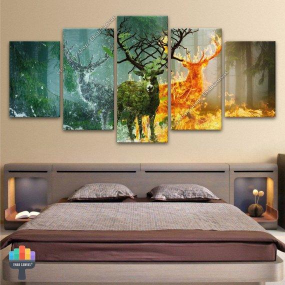Deer Animal Elk Fire Fantasy Nature - Abstract Animal 5 Panel Canvas Art Wall Decor Deer Animal Elk Fire Fantasy Nature - Abstract Animal 5 Panel Canvas Art Wall Decor