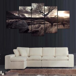 Deer Buck Antler Tree Wildlife Animal - 5 Panel Canvas Art Wall Decor