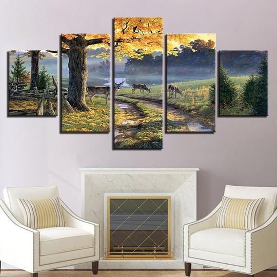 Deer By Farmers Track - Nature 5 Panel Canvas Art Wall Decor Deer By Farmers Track - Nature 5 Panel Canvas Art Wall Decor