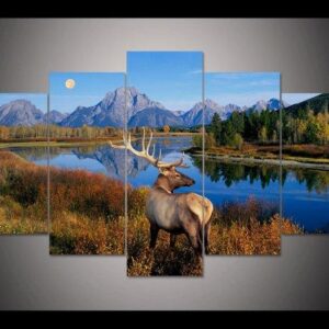 Deer By The Lake 2 - Animal 5 Panel Canvas Art Wall Decor