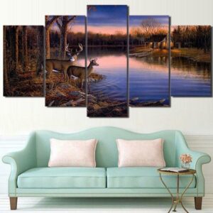 Deer Cabin Nature Wildlife 1 - Animal 5 Panel Canvas Art Wall Decor