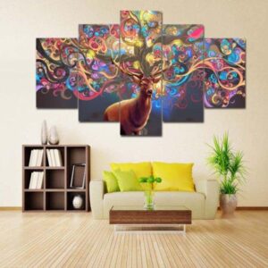 Deer Color Tree Antlers - Abstract Animal 5 Panel Canvas Art Wall Decor