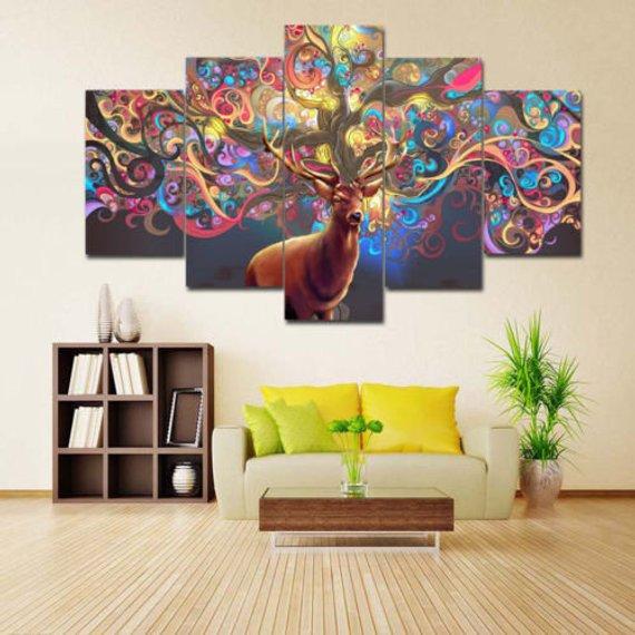 Deer Color Tree Antlers - Abstract Animal 5 Panel Canvas Art Wall Decor Deer Color Tree Antlers - Abstract Animal 5 Panel Canvas Art Wall Decor