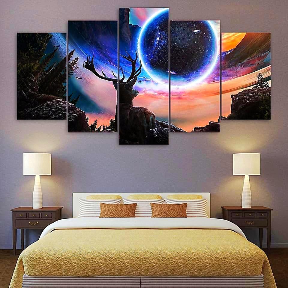Deer Elk Moose Moon Star - Space Universe 5 Panel Canvas Art Wall Decor Deer Elk Moose Moon Star - Space Universe 5 Panel Canvas Art Wall Decor