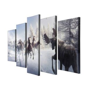 Deer Elks Running Horse Snow Forest - Animal 5 Panel Canvas Art Wall Decor