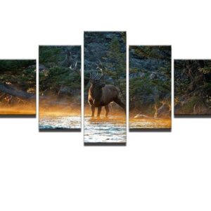 Deer Forest Elk Wild Lake - Nature 5 Panel Canvas Art Wall Decor