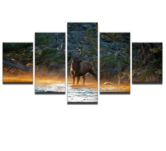 Deer Forest Elk Wild Lake - Nature 5 Panel Canvas Art Wall Decor Deer Forest Elk Wild Lake - Nature 5 Panel Canvas Art Wall Decor