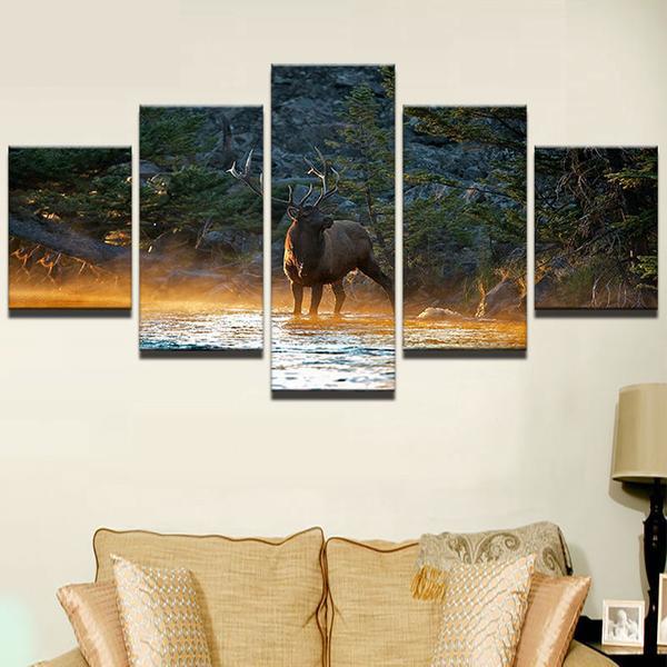 Deer In Creek River Landscape - Animal 5 Panel Canvas Art Wall Decor Deer In Creek River Landscape - Animal 5 Panel Canvas Art Wall Decor
