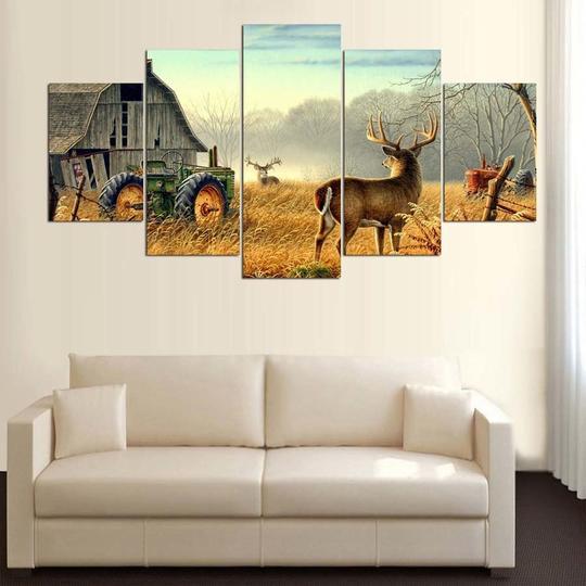Deer In Field With Rustic Barn Painting - Animal 5 Panel Canvas Art Wall Decor Deer In Field With Rustic Barn Painting - Animal 5 Panel Canvas Art Wall Decor