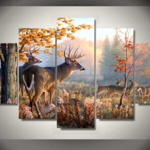 Deer In Forest Hunters - Nature Animal 5 Panel Canvas Art Wall Decor