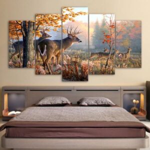 Deer In Forest - Animal And Nature 5 Panel Canvas Art Wall Decor