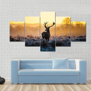 Deer In Morning Sun - Animal 5 Panel Canvas Art Wall Decor