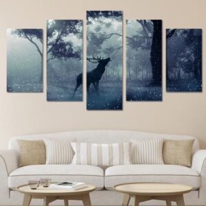 Deer In Snowy Forest - Nature 5 Panel Canvas Art Wall Decor