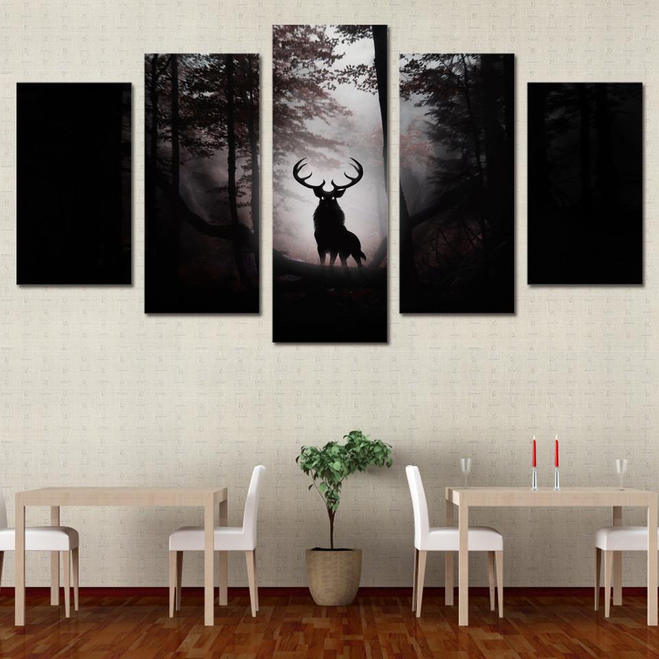 Deer In The Dark Forest - Animal 5 Panel Canvas Art Wall Decor Deer In The Dark Forest - Animal 5 Panel Canvas Art Wall Decor