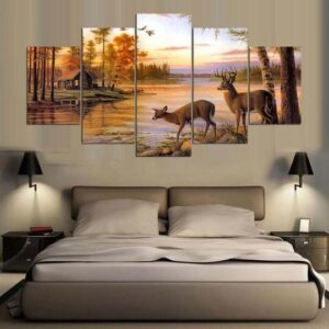 Deer On Autumn Lake Painting - Nature 5 Panel Canvas Art Wall Decor