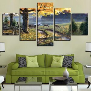 Deer On The Trails Landscape - Nature 5 Panel Canvas Art Wall Decor