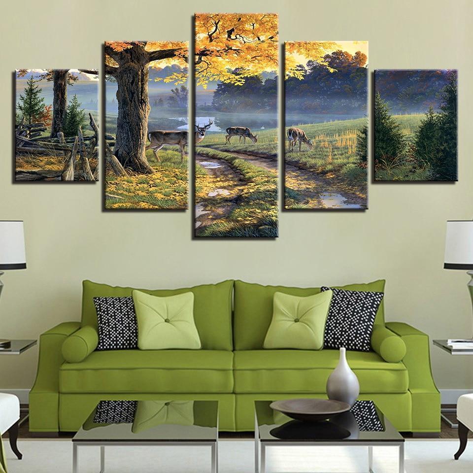 Deer On The Trails Landscape - Nature 5 Panel Canvas Art Wall Decor Deer On The Trails Landscape - Nature 5 Panel Canvas Art Wall Decor