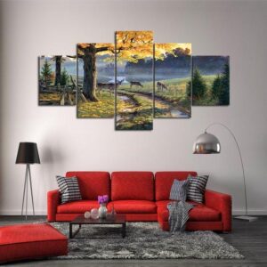Deer Pond 01 - Animal 5 Panel Canvas Art Wall Decor