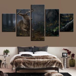Deer Running In The Forest - Animal 5 Panel Canvas Art Wall Decor