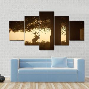 Deer Stag Silhouette Under Tree - Animal 5 Panel Canvas Art Wall Decor