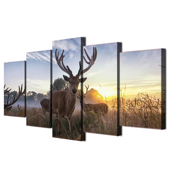 Deer Sunrise Sunset - Animal 5 Panel Canvas Art Wall Decor Deer Sunrise Sunset - Animal 5 Panel Canvas Art Wall Decor