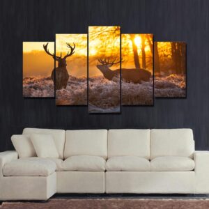 Deer couple in sunset - Animal 5 Panel Canvas Art Wall Decor