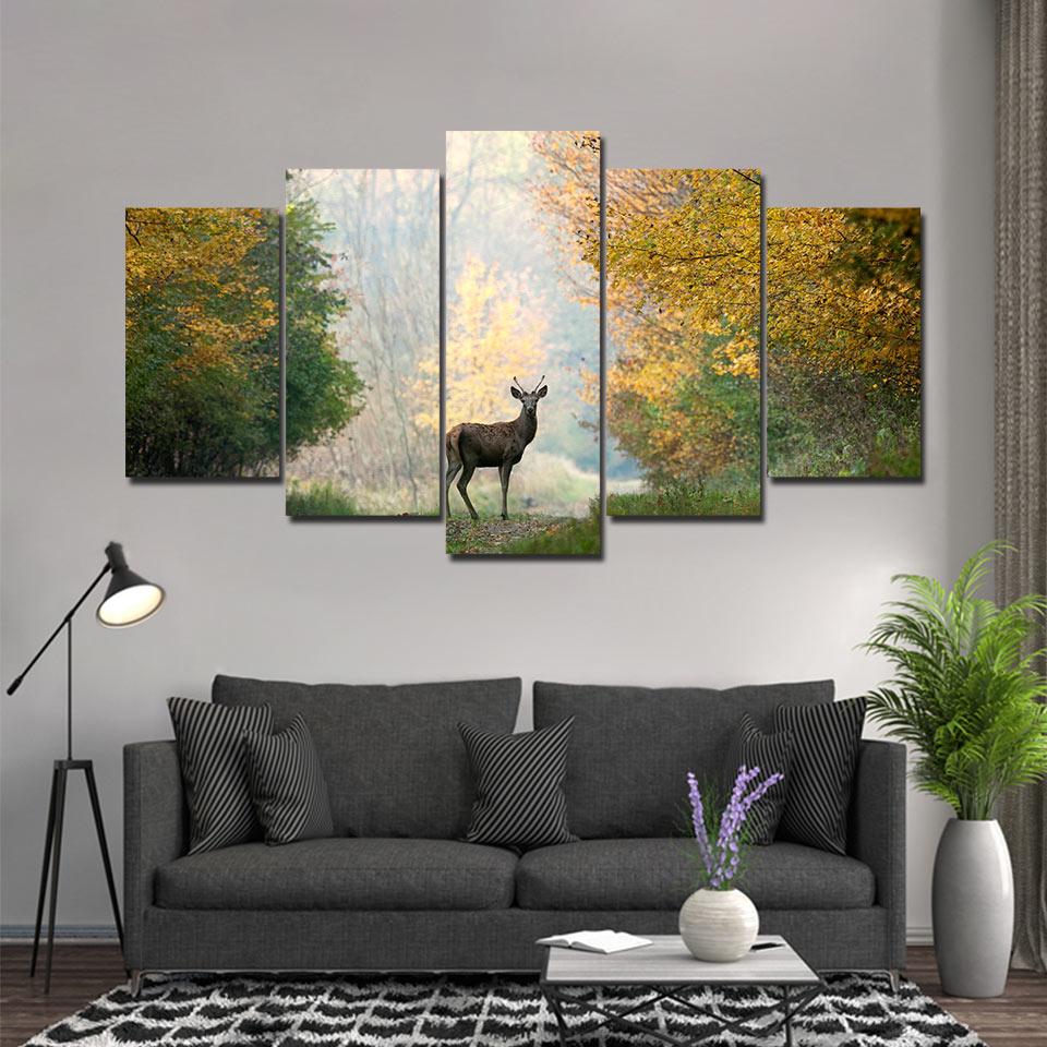 Deer in remove Forest - Animal 5 Panel Canvas Art Wall Decor Deer in remove Forest - Animal 5 Panel Canvas Art Wall Decor