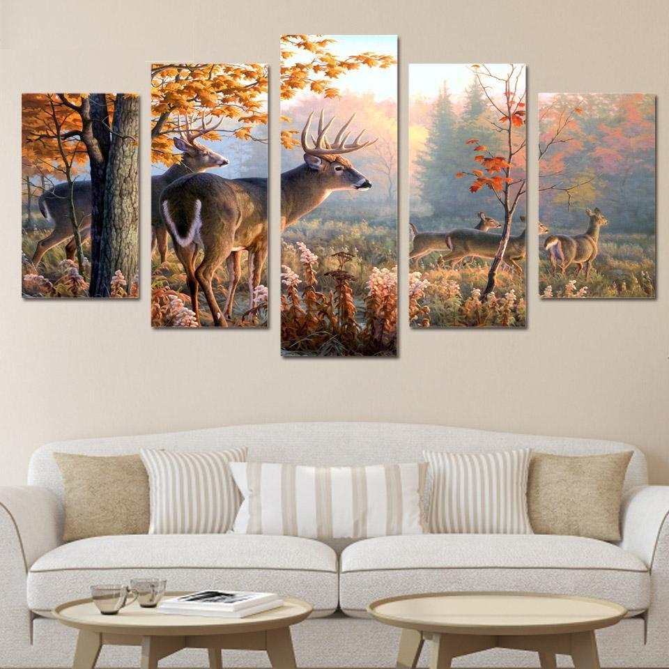 Deers Forest Landscape Ed - Animal 5 Panel Canvas Art Wall Decor Deers Forest Landscape Ed - Animal 5 Panel Canvas Art Wall Decor