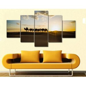 Desert Camel Sunrise Landscape - Nature 5 Panel Canvas Art Wall Decor