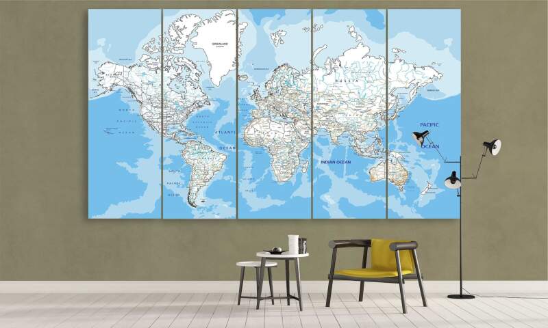 Detailed Map Of Rivers And Lakes - World Map 5 Panel Canvas Art Wall Decor Detailed Map Of Rivers And Lakes - World Map 5 Panel Canvas Art Wall Decor