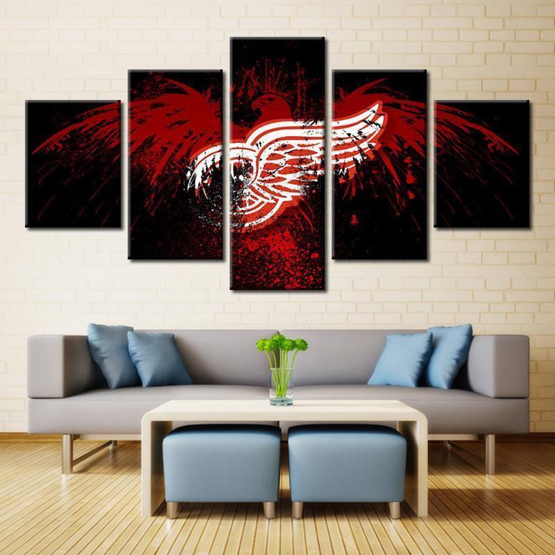 Detroit Red Wings Black Logo Ice Hockey - 5 Panel Canvas Art Wall Decor Detroit Red Wings Black Logo Ice Hockey - 5 Panel Canvas Art Wall Decor