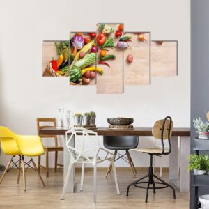 Different Fruits And Vegetables On Wooden Table - Kitchen 5 Panel Canvas Art Wall Decor