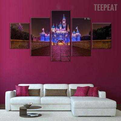 Disney Castle At Night Time Cartoon - 5 Panel Canvas Art Wall Decor Disney Castle At Night Time Cartoon - 5 Panel Canvas Art Wall Decor