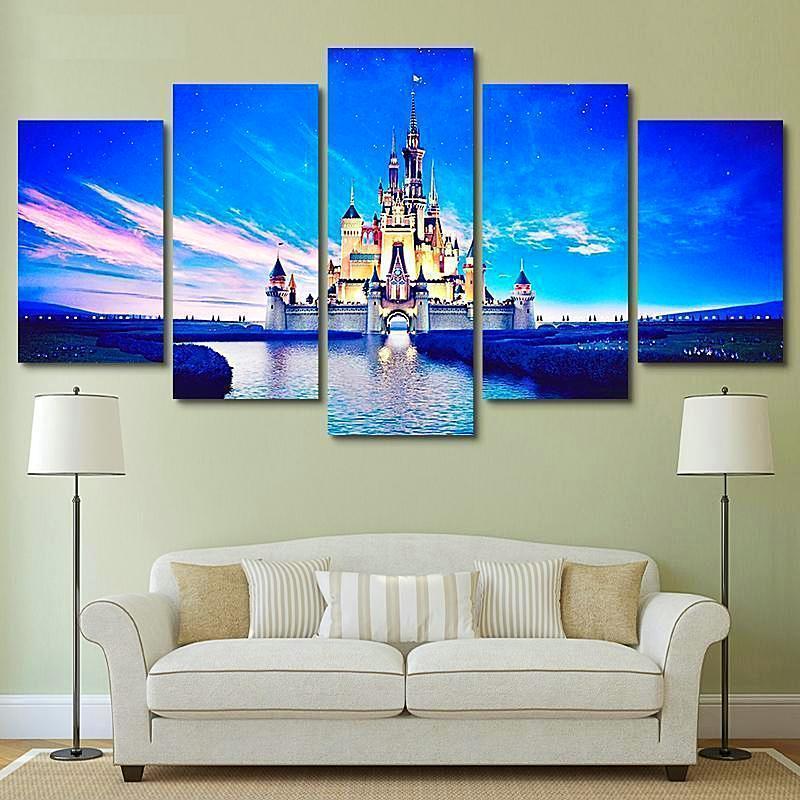 Disney Castle Cartoon - 5 Panel Canvas Art Wall Decor Disney Castle Cartoon - 5 Panel Canvas Art Wall Decor