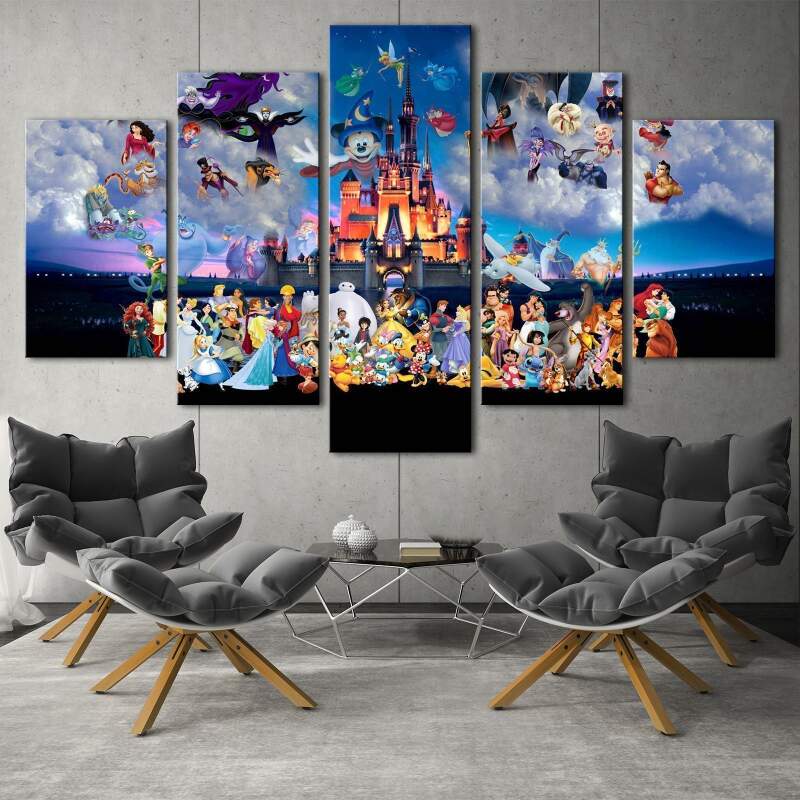Disney Characters Magic Kingdom Cartoon - 5 Panel Canvas Art Wall Decor Disney Characters Magic Kingdom Cartoon - 5 Panel Canvas Art Wall Decor