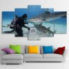 Diver and Shark - Animal 5 Panel Canvas Art Wall Decor
