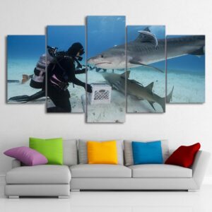 Diver and Shark - Animal 5 Panel Canvas Art Wall Decor